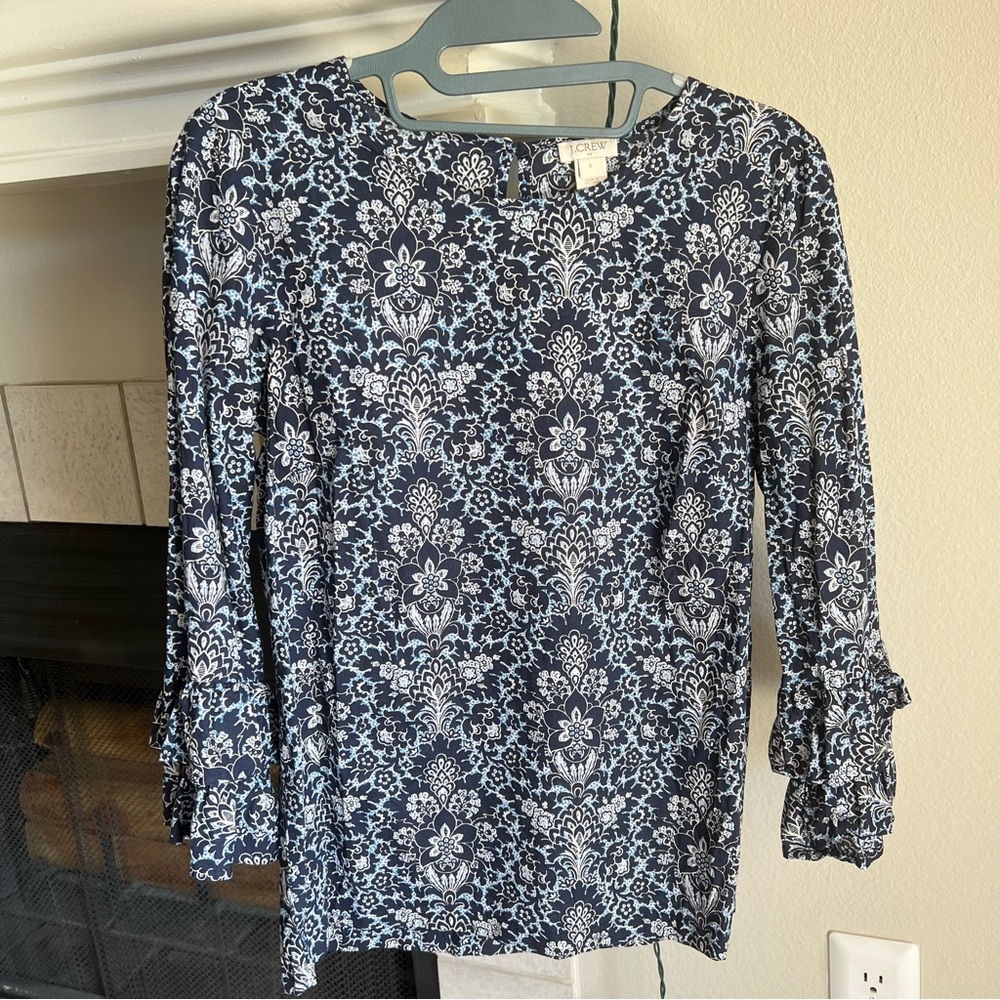 J Crew navy floral quarter sleeve blouse